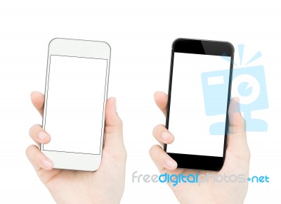 Woman Hand Holding Phone Isolated Clipping Path Inside Easy Adjusment Stock Photo