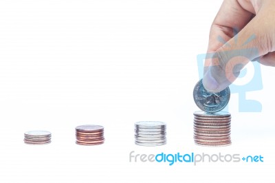 Woman Hand Putting Money Coin Stock Photo