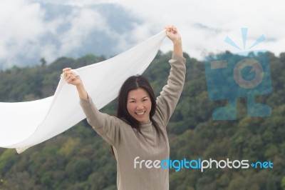 Woman Hands Raise White Scarf Stock Photo