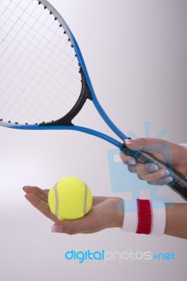 Woman Hands With Tennis Racket Stock Photo