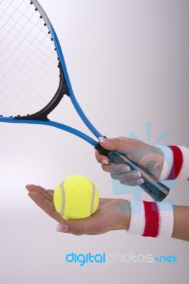 Woman Hands With Tennis Racket Stock Photo