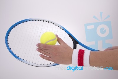 Woman Hands With Tennis Racket Stock Photo