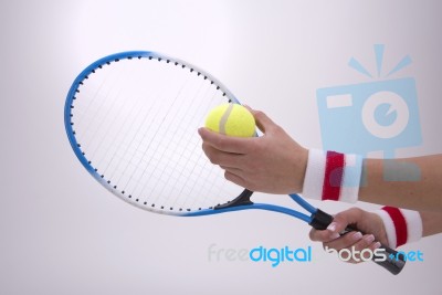 Woman Hands With Tennis Racket Stock Photo