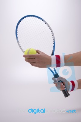 Woman Hands With Tennis Racket Stock Photo