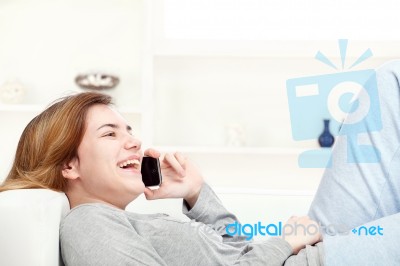 Woman Have Joyful Talk Over Phone Stock Photo