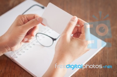 Woman Hold Blank Business Cards Stock Photo