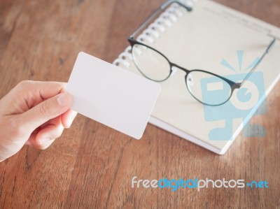 Woman Hold Blank Business Cards Stock Photo