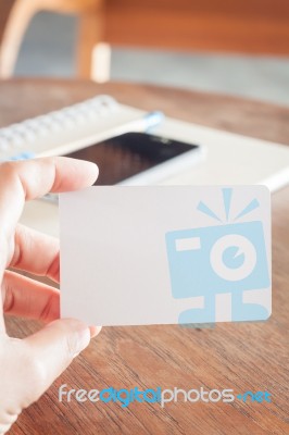 Woman Hold Blank Business Cards Stock Photo