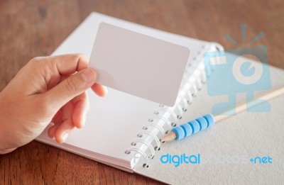 Woman Hold Blank Business Cards Stock Photo