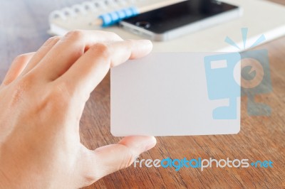 Woman Hold Blank Business Cards Stock Photo