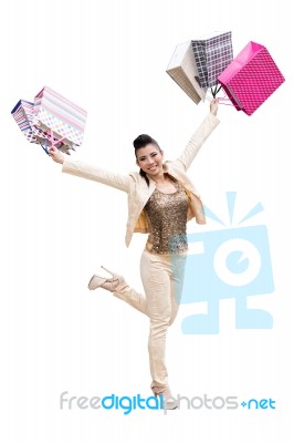 Woman Hold Shopping Bag After Came Back Home Stock Photo