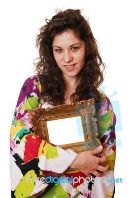 Woman Holding An Picture Frame Stock Photo