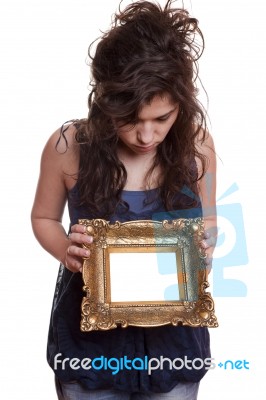 Woman Holding An Picture Frame Stock Photo