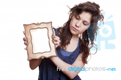 Woman Holding An Picture Frame Stock Photo