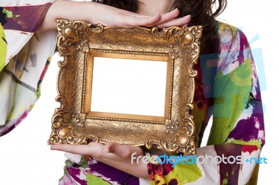 Woman Holding An Picture Frame Stock Photo