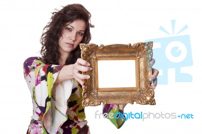 Woman Holding An Picture Frame Stock Photo