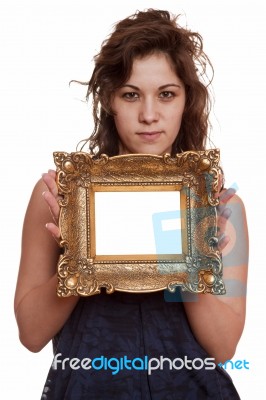 Woman Holding An Picture Frame Stock Photo