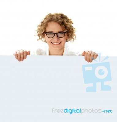 Woman Holding Blank Billboard Stock Photo