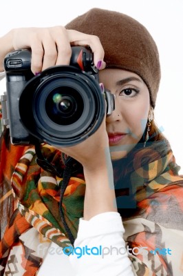 Woman Holding Camera Stock Photo