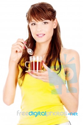 Woman Holding Cup Of Tea Stock Photo