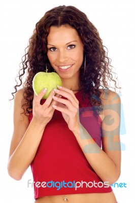 Woman Holding Greeen Apple Stock Photo