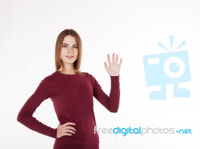 Woman Holding In Her Hand An Imaginary Plate Stock Photo