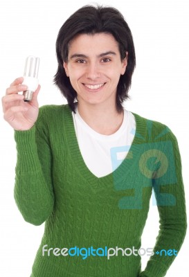 Woman Holding Lightbulb Stock Photo