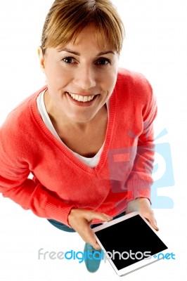 Woman Holding New Tablet Pc, Aerial View Stock Photo