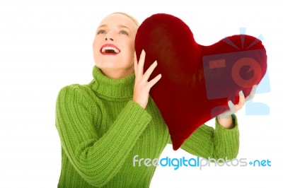 Woman Holding Pillow Stock Photo