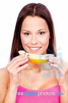 Woman Holding Slice Of Melon Stock Photo