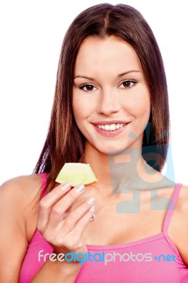 Woman Holding Slice Of Melon Stock Photo