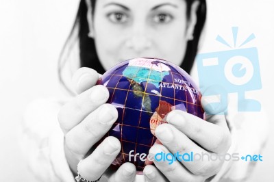 Woman Holding World In Hands Stock Photo