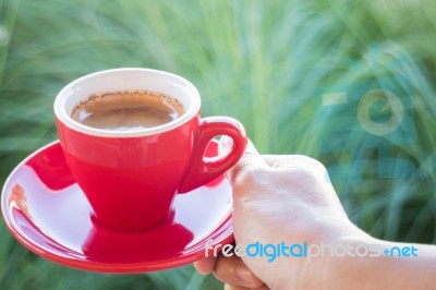 Woman Holds A Red Coffee Cup (vintage Style Color) Stock Photo