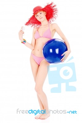 Woman In Bikini With Ball Stock Photo