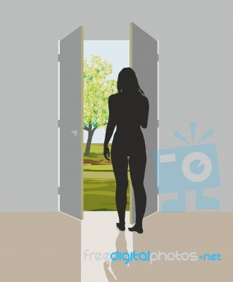 Woman In Open Door Stock Image