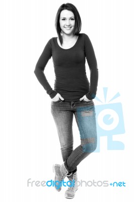 Woman In Trendy Wear. Black And White Image Stock Photo