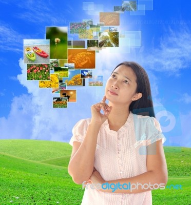 Woman Looking Button Streaming Multimedia From Internet Stock Photo