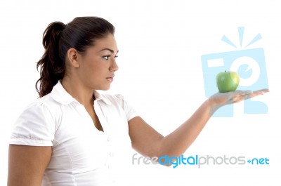 Woman Looking Green Apple Stock Photo