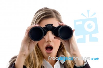 Woman Looking Through Binocular Stock Photo