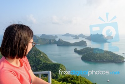 Woman On Peak Looking Beautiful Nature Stock Photo