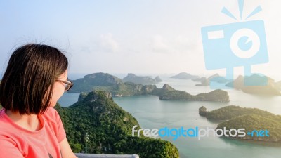 Woman On Peak Looking Beautiful Nature Stock Photo