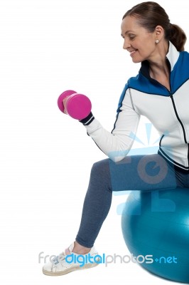 Woman On Swiss Ball Working Out With Dumbbells Stock Photo