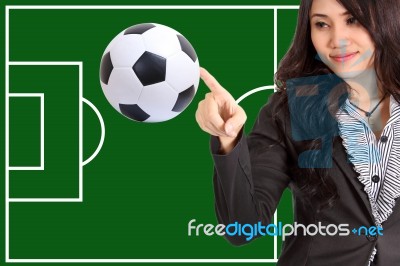 Woman Point Soccer Ball Stock Photo