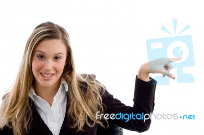 Woman Pointing Sideways Stock Photo