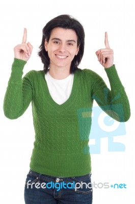 Woman Pointing Up Stock Photo