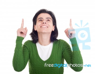 Woman Pointing Up Stock Photo