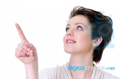 Woman Pointing Up Stock Photo