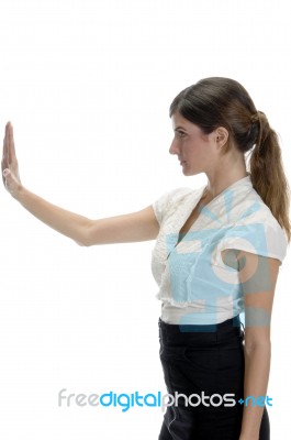 Woman Posing With Stopping Palm Stock Photo