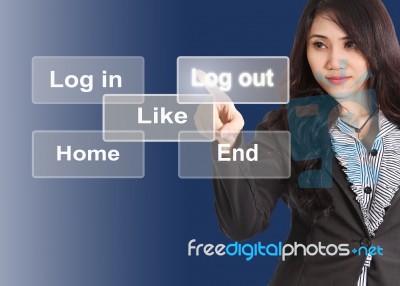 Woman Push Button Stock Photo