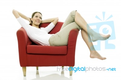 Woman Red Chair Stock Photo